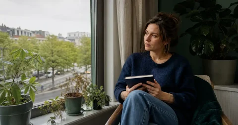 Femme pensive assise près d’une fenêtre, entourée de plantes, tenant un carnet