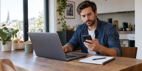 Un homme consulte son téléphone et son ordinateur pour vérifier ses données personnelles