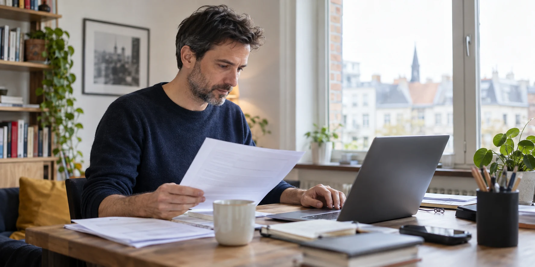 Un homme consulte un document administratif à son bureau