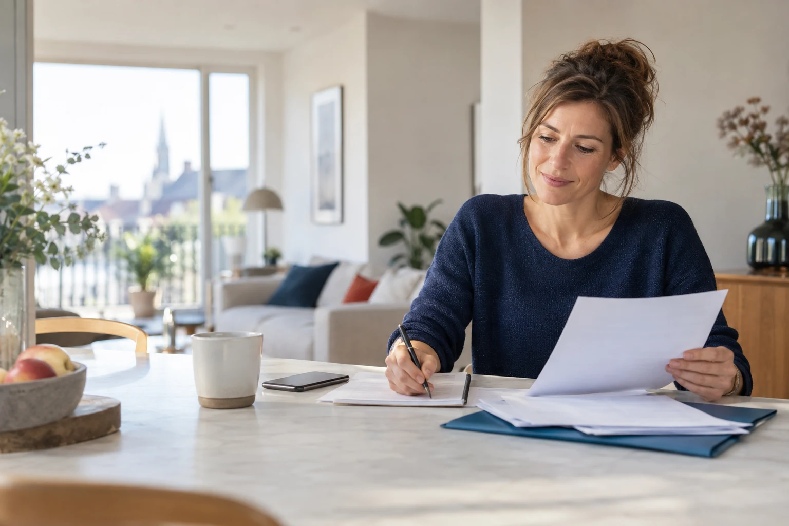 Une femme consulte des documents et prend des notes pour préparer ses démarches.
