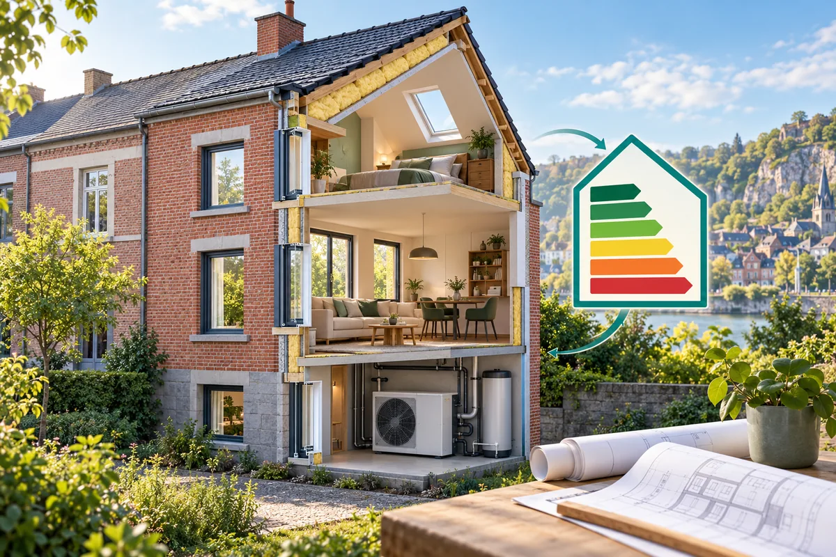 Maison wallonne rénovée avec isolation de toiture, pompe à chaleur et repère de performance énergétique