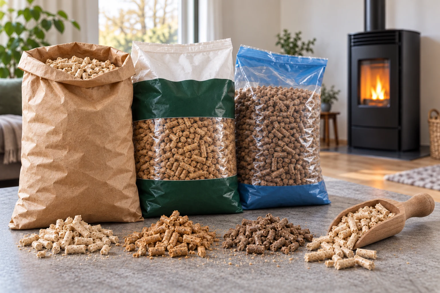 Trois sacs de pellets et des granulés de bois beige clair, miel et brun devant un poêle à pellets.